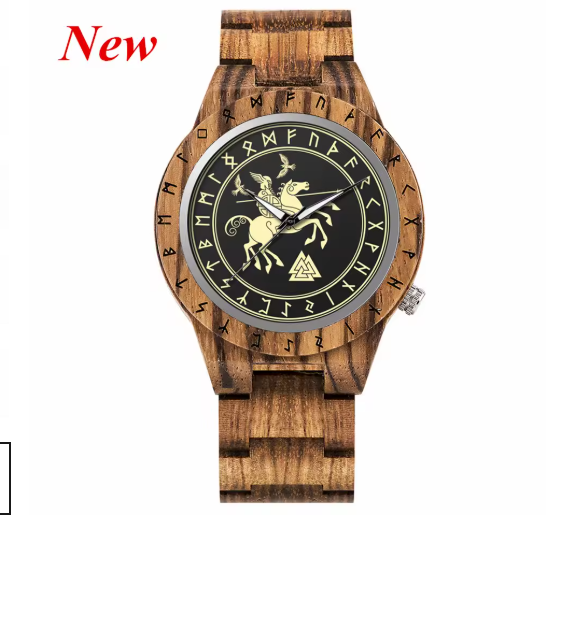 Viking Odin Rune Quartz Wristwatch for Men with Wooden Strap