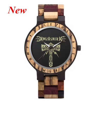 Viking Odin Rune Quartz Wristwatch for Men with Wooden Strap