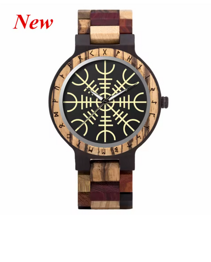 Viking Odin Rune Quartz Wristwatch for Men with Wooden Strap