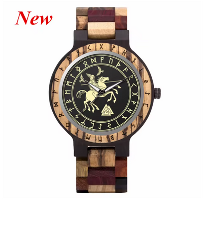 Viking Odin Rune Quartz Wristwatch for Men with Wooden Strap