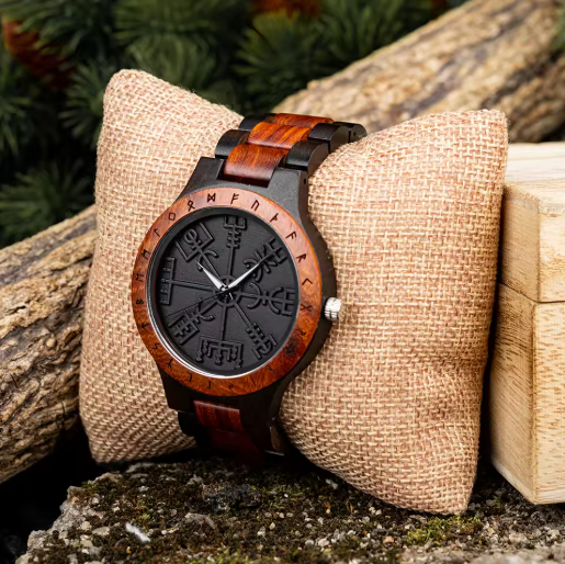 Viking Odin Rune Quartz Wristwatch for Men with Wooden Strap