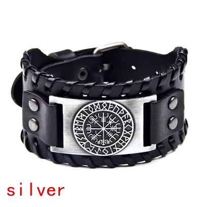 Retro Wide Leather Viking Vintage  Compass Bracelet