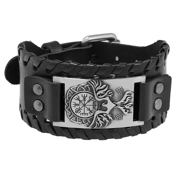 Retro Wide Leather Viking Vintage  Compass Bracelet