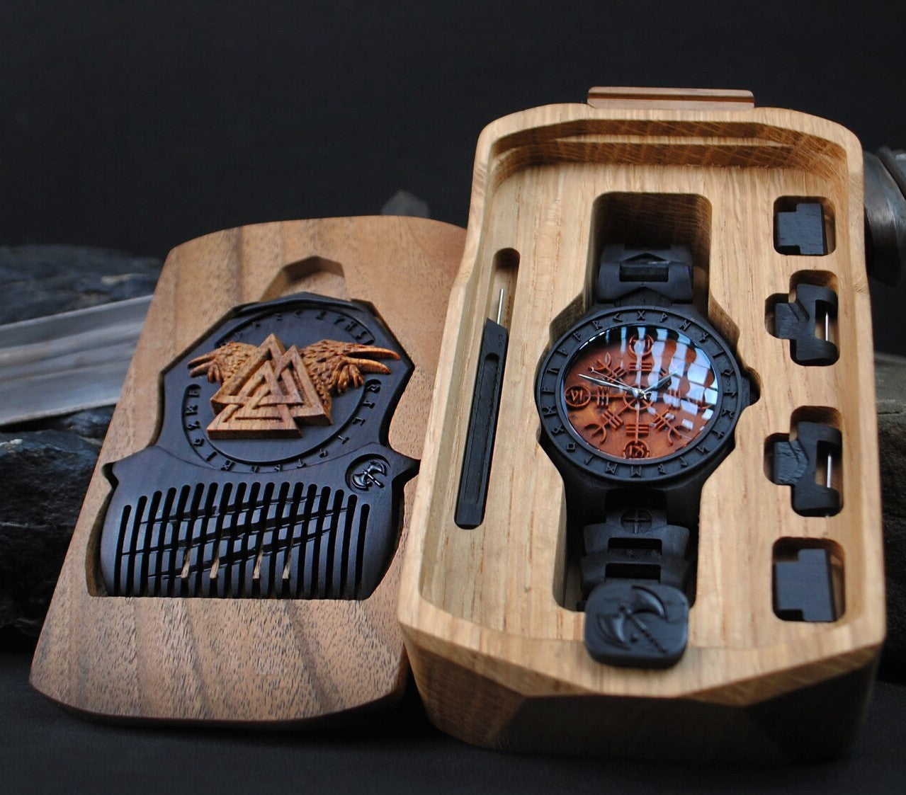 "Helm of Awe Set – Wooden Beard Comb, Watch & Norse Jewelry"