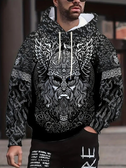 Retro Viking Warrior Print Hoodie, Cool Hoodies For Men