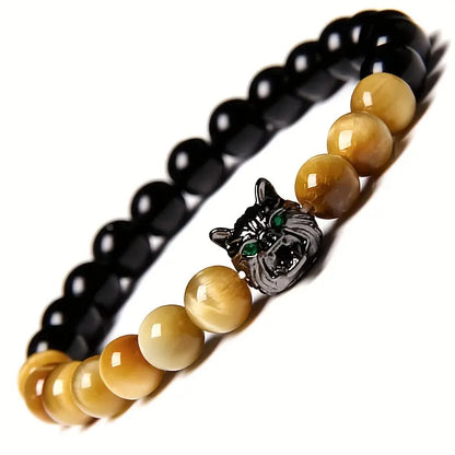 1pc Vintage Inlaid Zircon Wolf Head Stretch Bracelet, Lava Tiger Eye Beaded Bracelet