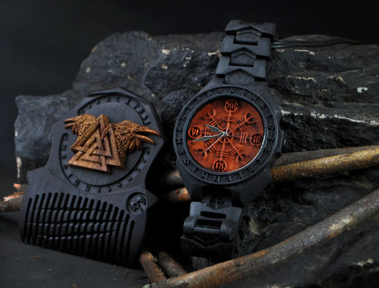 "Helm of Awe Set – Wooden Beard Comb, Watch & Norse Jewelry"