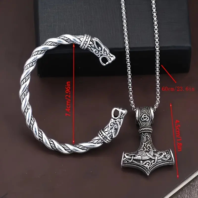 Retro Punk Cool Viking Pendant Necklace & Twist Bangle, Men Casual Leisure Fashion Jewelry Set