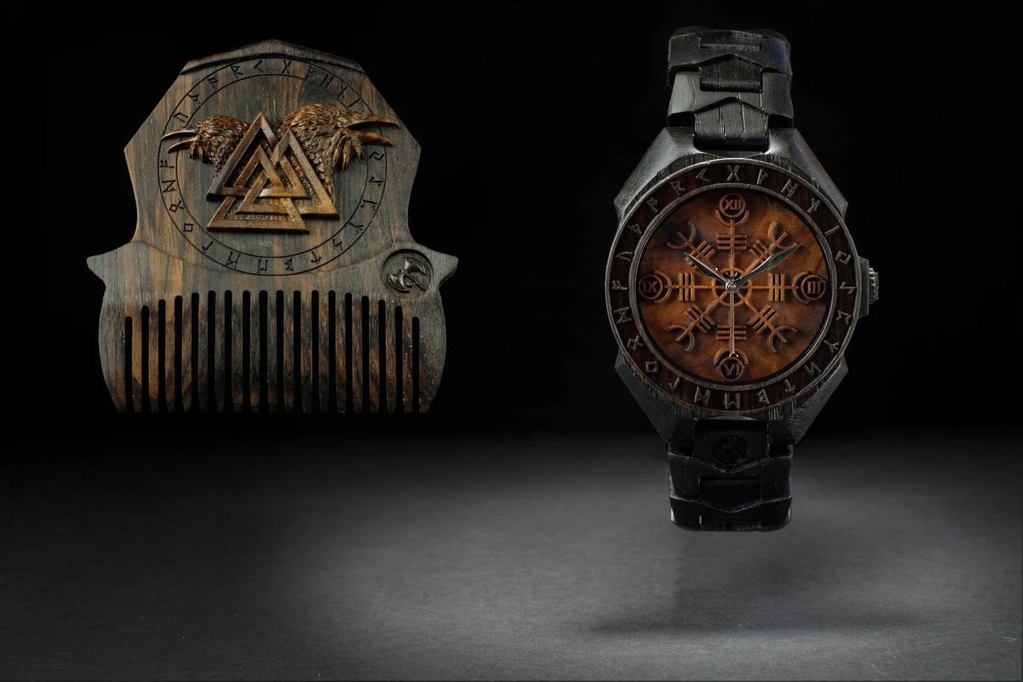 "Helm of Awe Set – Wooden Beard Comb, Watch & Norse Jewelry"