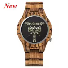 Viking Odin Rune Quartz Wristwatch for Men with Wooden Strap