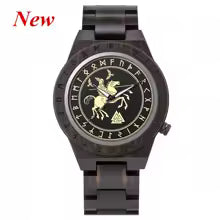Viking Odin Rune Quartz Wristwatch for Men with Wooden Strap