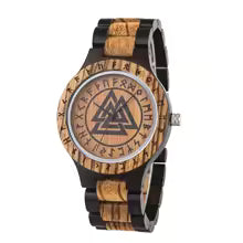 Viking Odin Rune Quartz Wristwatch for Men with Wooden Strap