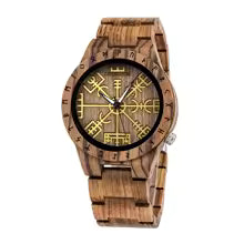Viking Odin Rune Quartz Wristwatch for Men with Wooden Strap