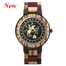 Viking Odin Rune Quartz Wristwatch for Men with Wooden Strap