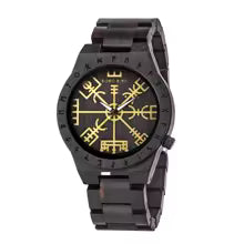Viking Odin Rune Quartz Wristwatch for Men with Wooden Strap