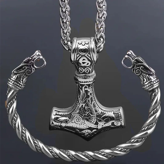 Viking Wolf & Hammer Set – Norse Necklace & Bracelet
