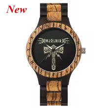 Viking Odin Rune Quartz Wristwatch for Men with Wooden Strap