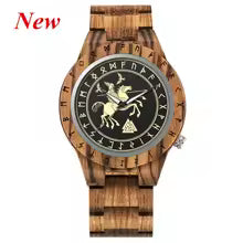 Viking Odin Rune Quartz Wristwatch for Men with Wooden Strap