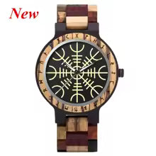Viking Odin Rune Quartz Wristwatch for Men with Wooden Strap