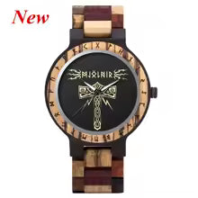 Viking Odin Rune Quartz Wristwatch for Men with Wooden Strap