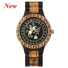 Viking Odin Rune Quartz Wristwatch for Men with Wooden Strap