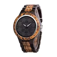 Viking Odin Rune Quartz Wristwatch for Men with Wooden Strap