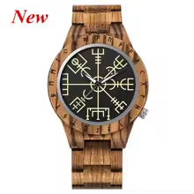 Viking Odin Rune Quartz Wristwatch for Men with Wooden Strap