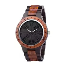Viking Odin Rune Quartz Wristwatch for Men with Wooden Strap