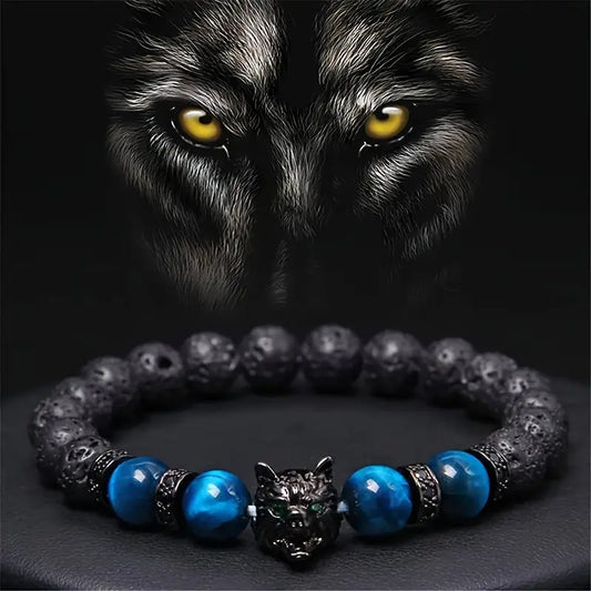 1pc Vintage Inlaid Zircon Wolf Head Stretch Bracelet, Lava Tiger Eye Beaded Bracelet