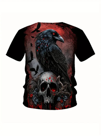 Crow And Skeleton Skull Pattern Crew Neck And Short Sleeve T-shirt