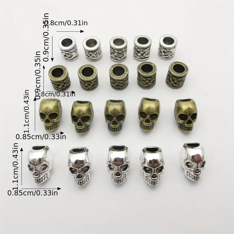 20pcs/pack Vintage Silvery Alloy Skull Head Big Hole Beard/Hair Dreadlock Male Loose Beads Vertical