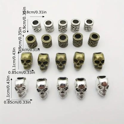 20pcs/pack Vintage Silvery Alloy Skull Head Big Hole Beard/Hair Dreadlock Male Loose Beads Vertical