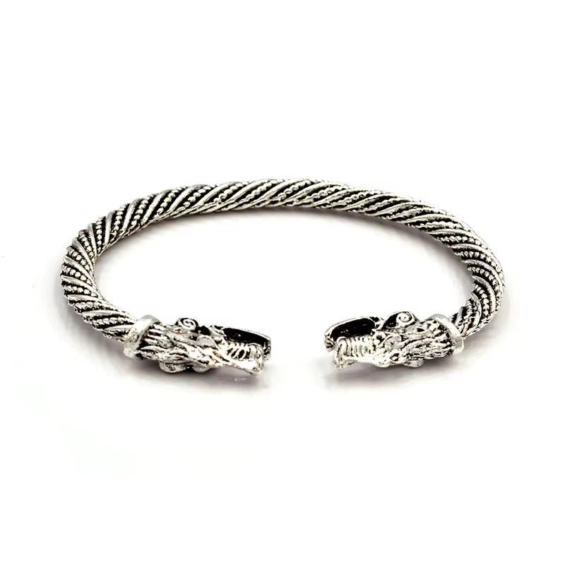 Classic Animal Viking Double Wolf Head Adjustable Bracelet Men Stainless Steel Bracelet Fashion Double Snake Heads Jewelry Gift – Viking | Norse runes & Nordic jewelry