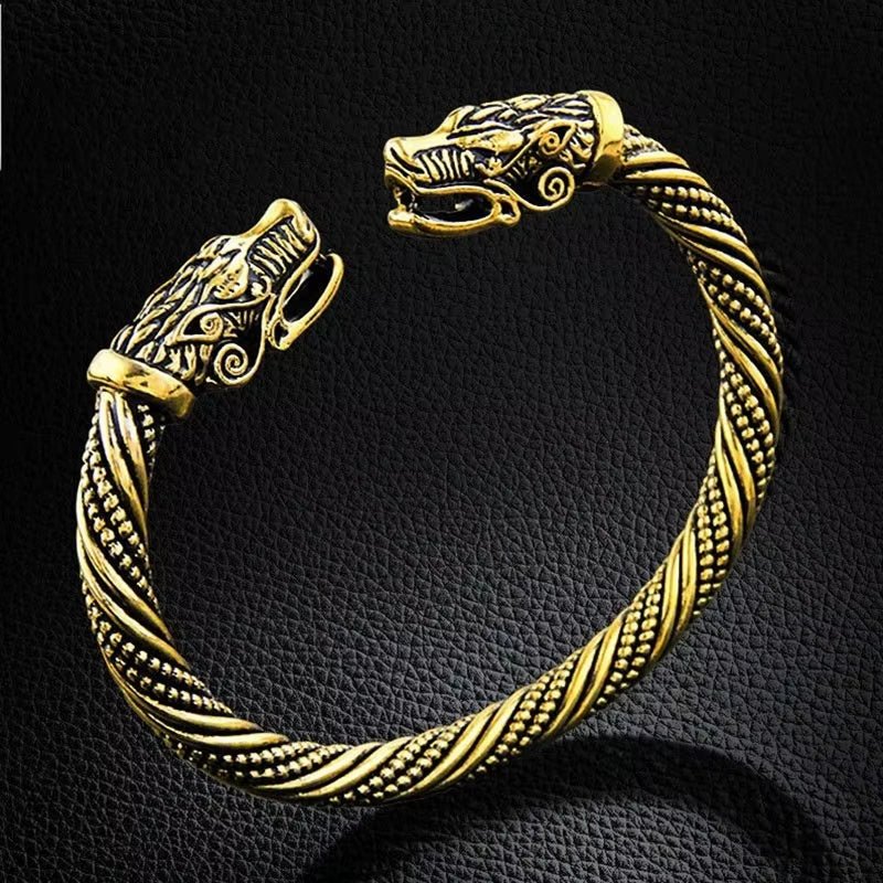 Classic Animal Viking Double Wolf Head Adjustable Bracelet Men Stainless Steel Bracelet Fashion Double Snake Heads Jewelry Gift – Viking | Norse runes & Nordic jewelry