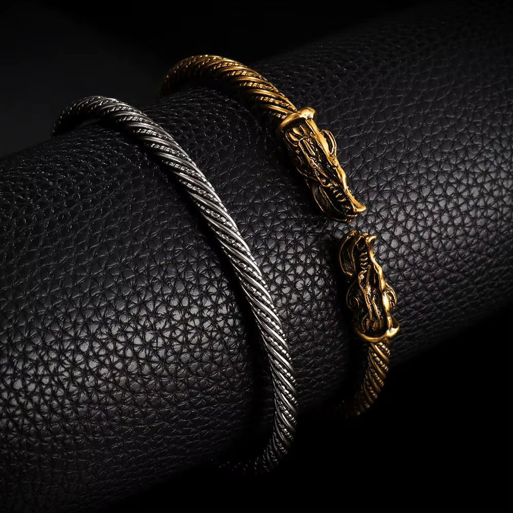 Classic Animal Viking Double Wolf Head Adjustable Bracelet Men Stainless Steel Bracelet Fashion Double Snake Heads Jewelry Gift – Viking | Norse runes & Nordic jewelry