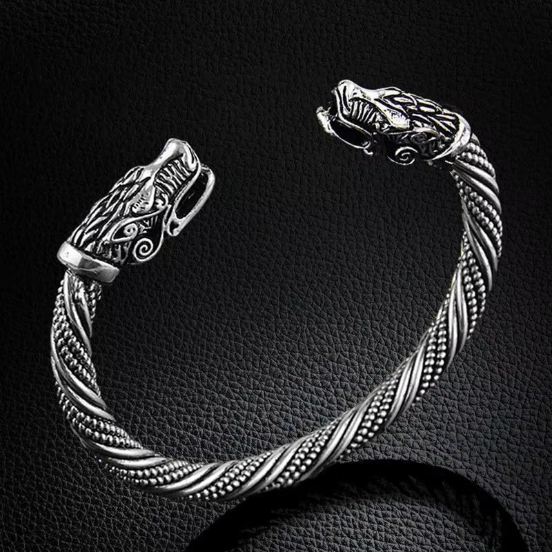Classic Animal Viking Double Wolf Head Adjustable Bracelet Men Stainless Steel Bracelet Fashion Double Snake Heads Jewelry Gift – Viking | Norse runes & Nordic jewelry