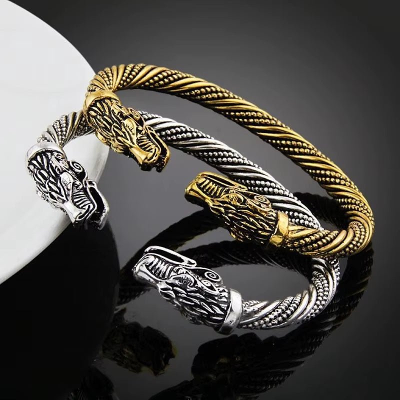 Classic Animal Viking Double Wolf Head Adjustable Bracelet Men Stainless Steel Bracelet Fashion Double Snake Heads Jewelry Gift – Viking | Norse runes & Nordic jewelry
