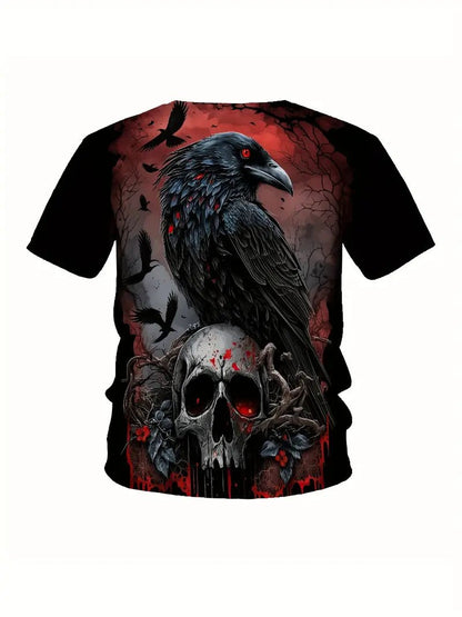 Crow And Skeleton Skull Pattern Crew Neck And Short Sleeve T-shirt – Viking fashion | Norse runes & Nordic jewelry