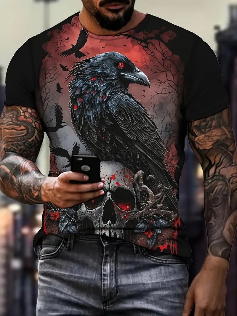 Crow And Skeleton Skull Pattern Crew Neck And Short Sleeve T-shirt – Viking fashion | Norse runes & Nordic jewelry