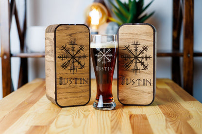 Custom Engraved Beer Glass Viking compas with Norse Mythology – Viking Accessories | Norse runes & Nordic jewelry