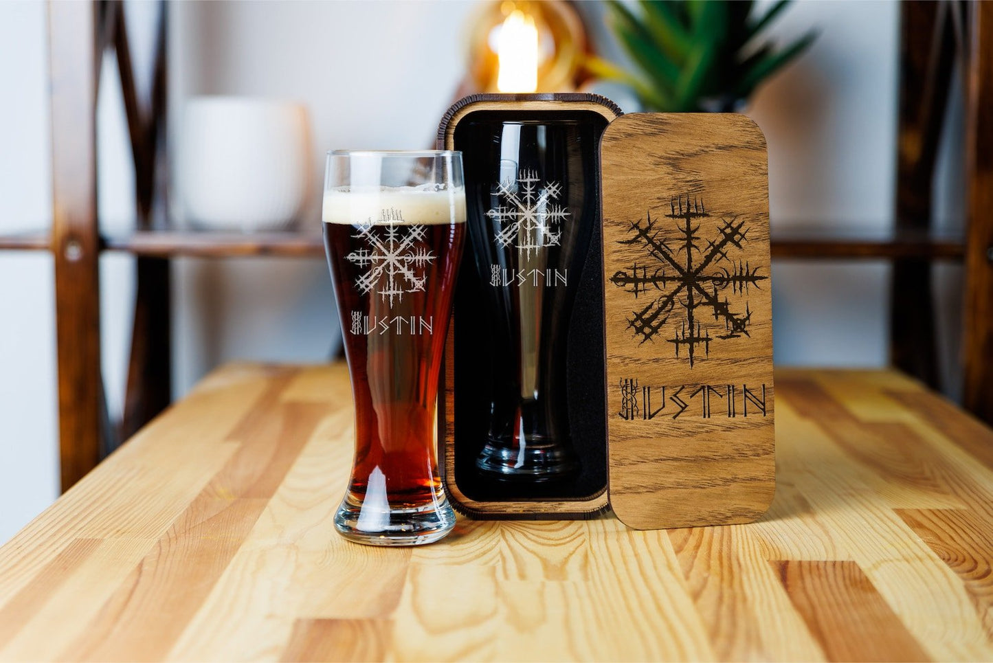 Custom Engraved Beer Glass Viking compas with Norse Mythology – Viking Accessories | Norse runes & Nordic jewelry