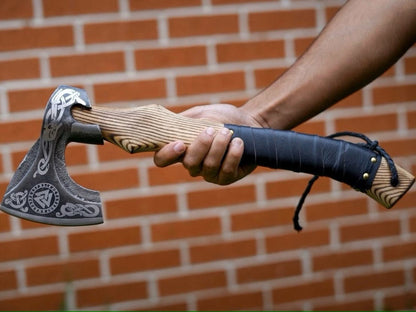 Custom Gift Forged Carbon Steel Viking Axe with Rose Wood Shaft, Viking Bearded Camping Axe – Viking Handmade Axe | Norse runes & Nordic jewelry