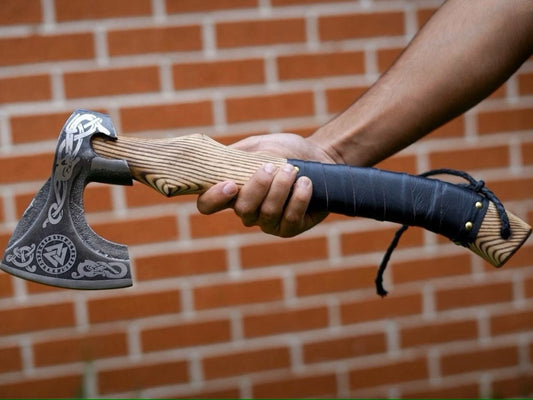 Custom Gift Forged Carbon Steel Viking Axe with Rose Wood Shaft, Viking Bearded Camping Axe – Viking Handmade Axe | Norse runes & Nordic jewelry