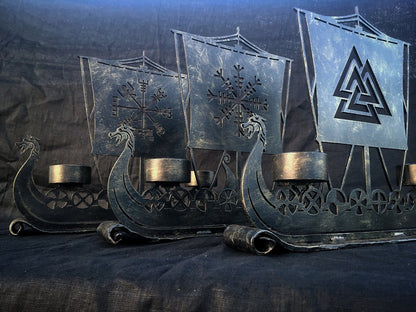 Drakkar Viking Ship Candle Holder Valknut Norse Runes Nordic Asatru Decor Personalized – Viking home decor | Norse runes & Nordic jewelry