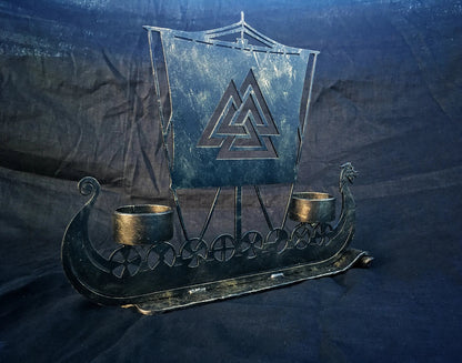 Drakkar Viking Ship Candle Holder Valknut Norse Runes Nordic Asatru Decor Personalized – Viking home decor | Norse runes & Nordic jewelry