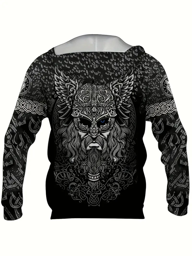 Retro Viking Warrior Print Hoodie, Cool Hoodies For Men