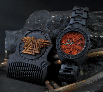 "Helm of Awe Set – Wooden Beard Comb, Watch & Norse Jewelry"