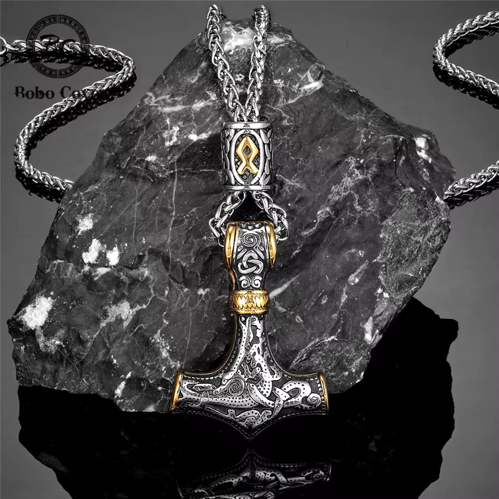 Gold Plated Mjolnir Necklace | Norse Runes Thor Hammer Pendant – Viking Necklace | Norse runes & Nordic jewelry