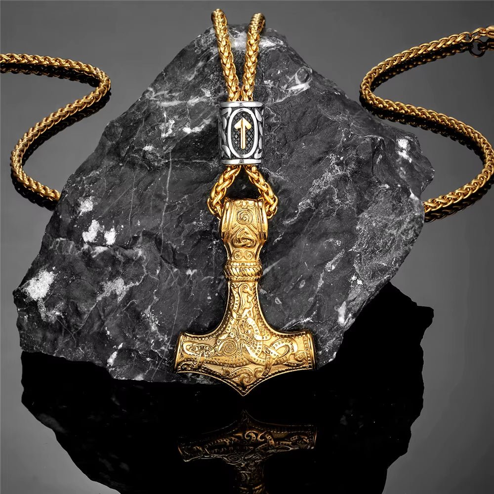 Gold Plated Mjolnir Necklace | Norse Runes Thor Hammer Pendant – Viking Necklace | Norse runes & Nordic jewelry