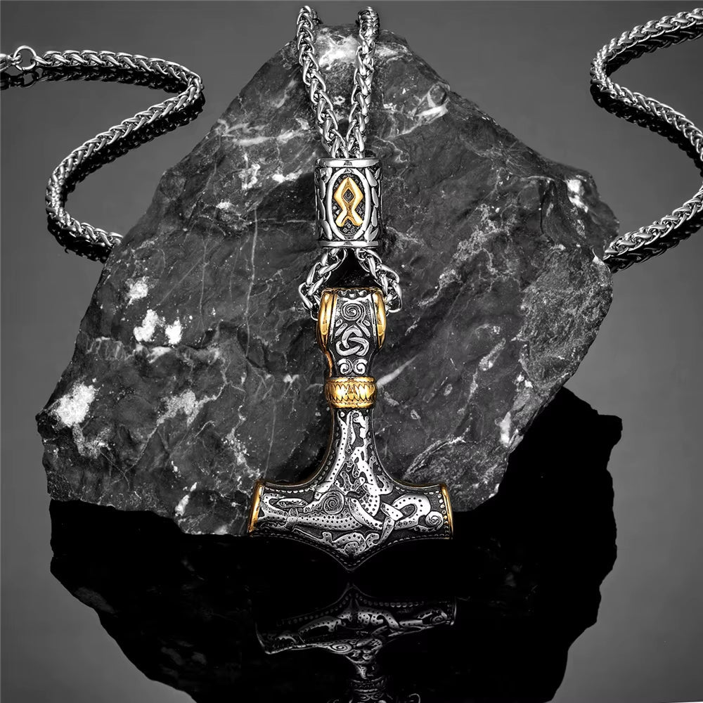 Gold Plated Mjolnir Necklace | Norse Runes Thor Hammer Pendant – Viking Necklace | Norse runes & Nordic jewelry